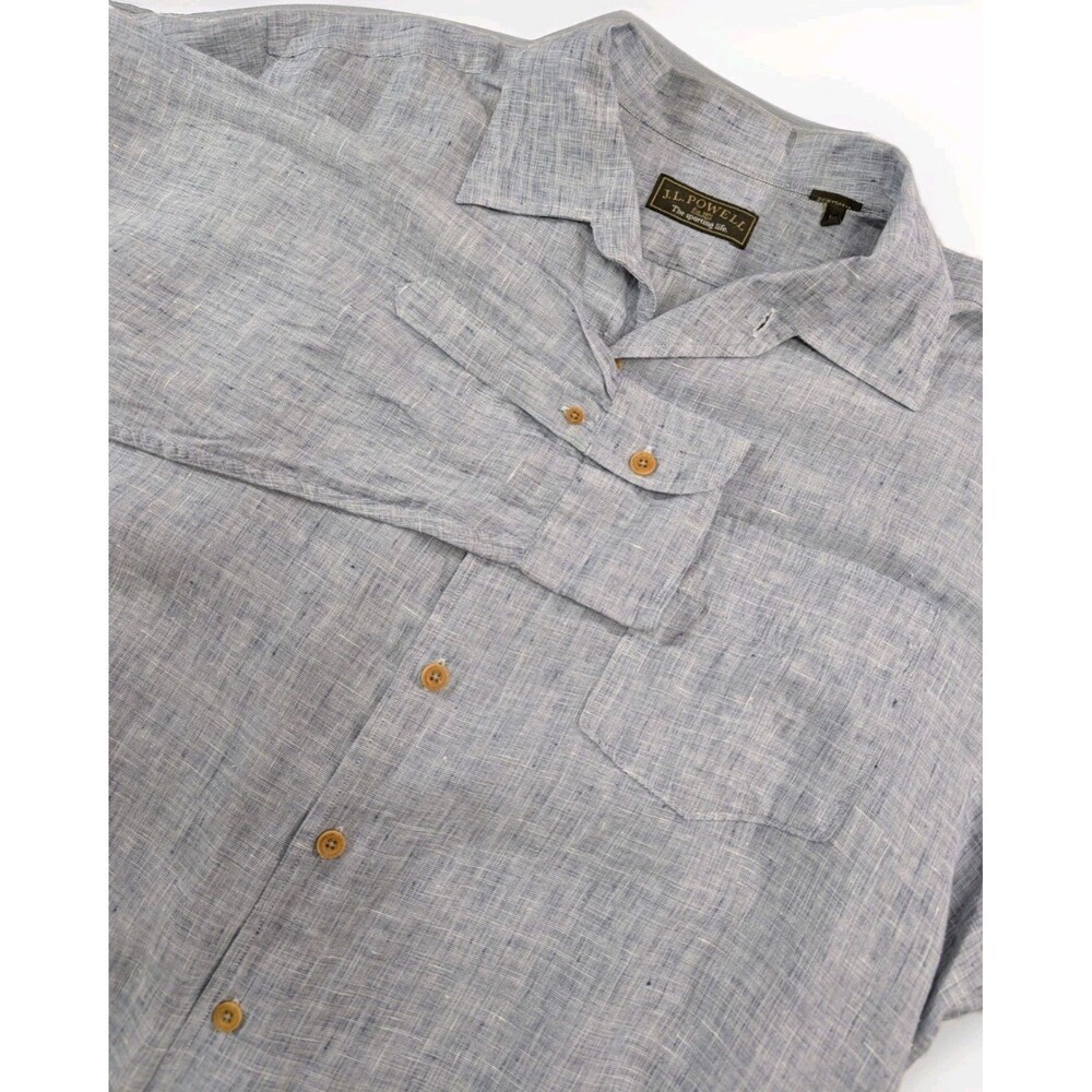 JL Powell Shirt Men’s XL Blue Linen Button Up Long Sleeve Summer Preppy